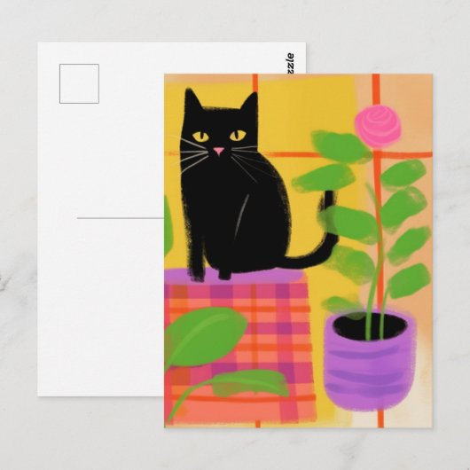Schattigee zwarte kat roze bloem briefkaart (Voorkant / Achterkant)