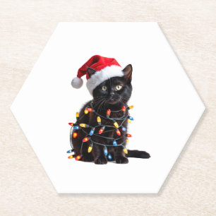 Schattigee Zwarte Kat Santa Kerstverlichting Mauw Kartonnen Onderzetters