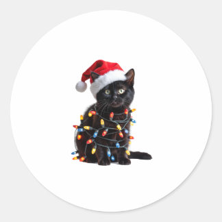 Schattigee Zwarte Kat Santa Kerstverlichting Mauw  Ronde Sticker