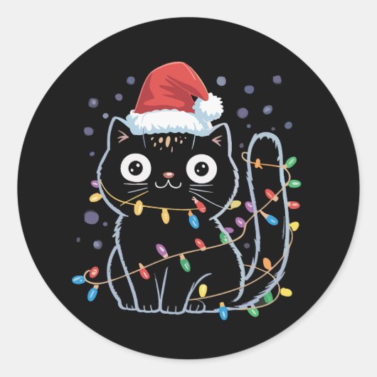 Schattigee Zwarte Kat Santa Kerstverlichting Miauw Ronde Sticker (Voorkant)