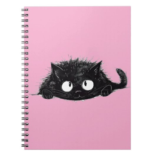 Schattigee Zwarte Kat tekening (Roze Bkgrd) Notitieboek (Voorkant)