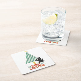 Schattigee Zwarte Kat Vrolijke Kerstboom Vakantie Kartonnen Onderzetters