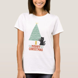 Schattigee Zwarte Kat Vrolijke Kerstboom Vakantie T-shirt