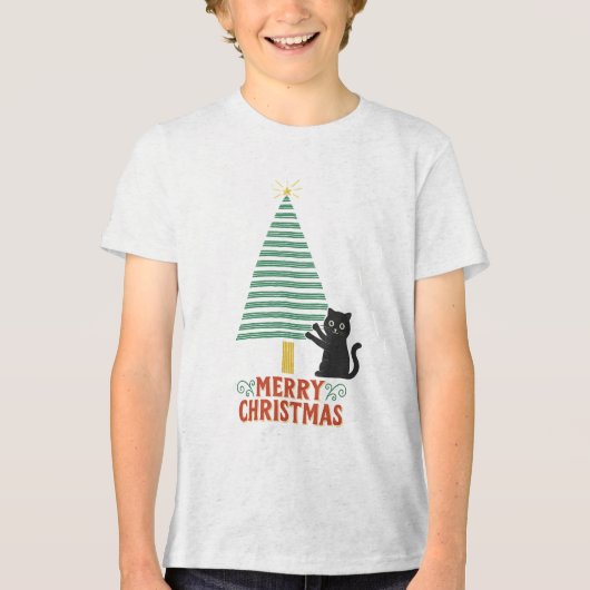 Schattigee Zwarte Kat Vrolijke Kerstboom Vakantie Tri-Blend Shirt (Voorkant)