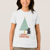 Schattigee Zwarte Kat Vrolijke Kerstboom Vakantie Tri-Blend Shirt (Voorkant)