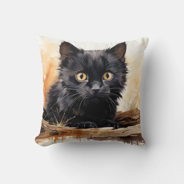 Schattigee Zwarte Kat Waterverf Kunst Kussen (Voorkant)