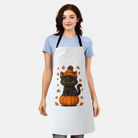 Schattigee Zwarte Kat Zittend op Pompoen Herfst Es Schort (Gedragen)