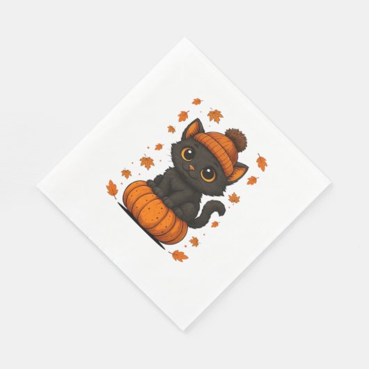Schattigee Zwarte Kat Zittend op Pompoen Herfst Es Servet (Hoek)