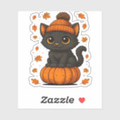 Schattigee Zwarte Kat Zittend op Pompoen Herfst Es Sticker (Vel)