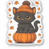 Schattigee Zwarte Kat Zittend op Pompoen Herfst Es Sticker (Voorkant)