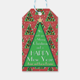 Schattigee zwarte katten in truien kerstboom rood cadeaulabel