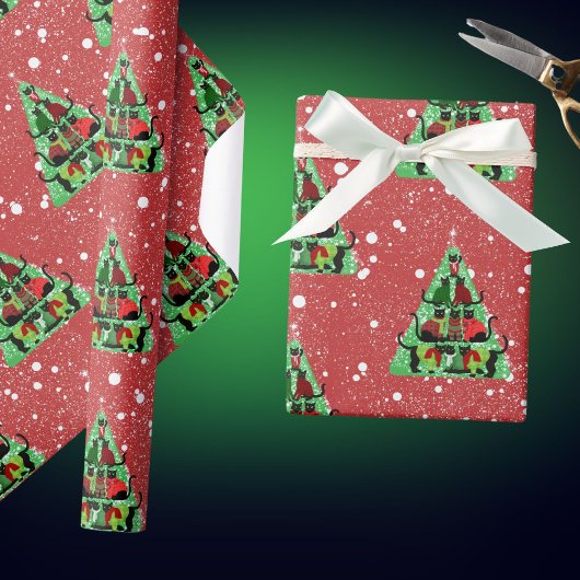 Schattigee zwarte katten in truien kerstboom rood cadeaupapier