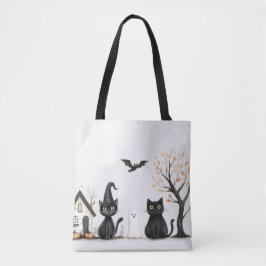 Schattigee zwarte katten spookvleermuis Halloween Tote Bag