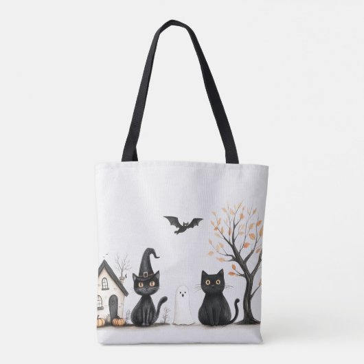 Schattigee zwarte katten spookvleermuis Halloween Tote Bag (Achterkant)