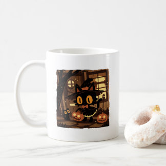 Schattigee zwarte kattenheks met pompoenemmer koffiemok