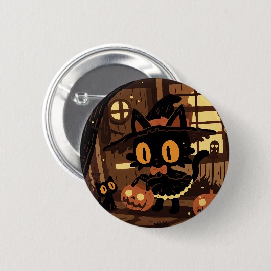 Schattigee zwarte kattenheks met pompoenemmer ronde button 5,7 cm (Voorkant /achterkant)