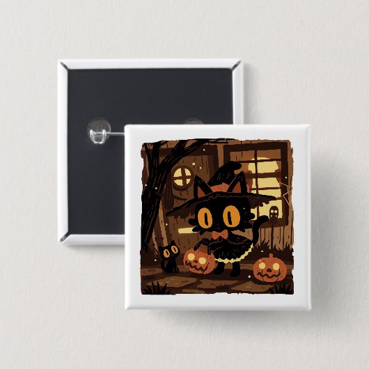 Schattigee zwarte kattenheks met pompoenemmer vierkante button 5,1 cm (Voorkant /achterkant)