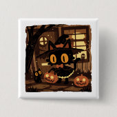 Schattigee zwarte kattenheks met pompoenemmer vierkante button 5,1 cm (Voorkant)