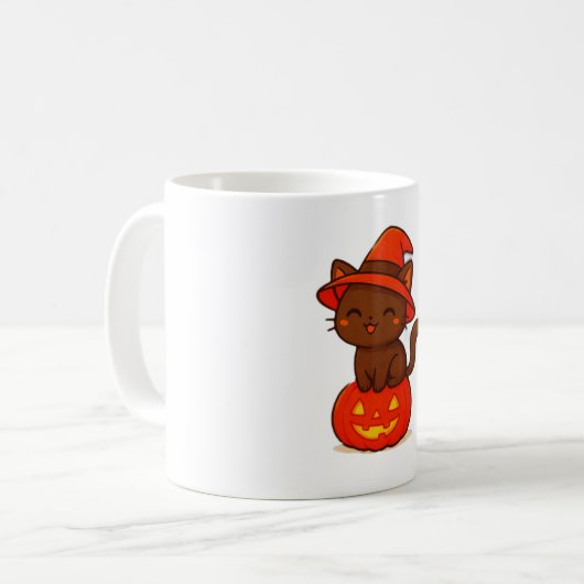 Schattigee zwarte kattenheks op pompoen Halloween Koffiemok (Voorkant links)