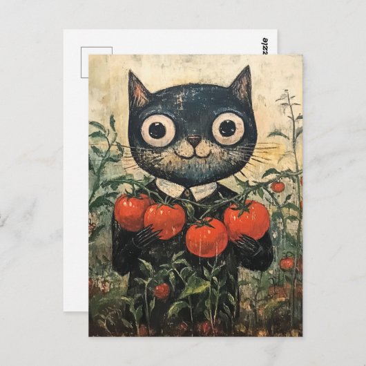Schattigee zwarte kattentomatentuinier briefkaart (Voorkant / Achterkant)