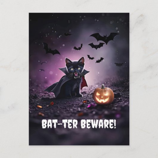Schattigee zwarte kattenvampier Halloween Feestdagenkaart (Voorkant)