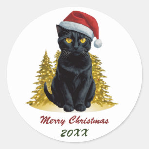 Schattigee zwarte kerstkat in Santa Hat Custom Ronde Sticker