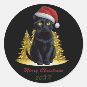 Schattigee zwarte kerstkat in Santa Hat Custom Ronde Sticker