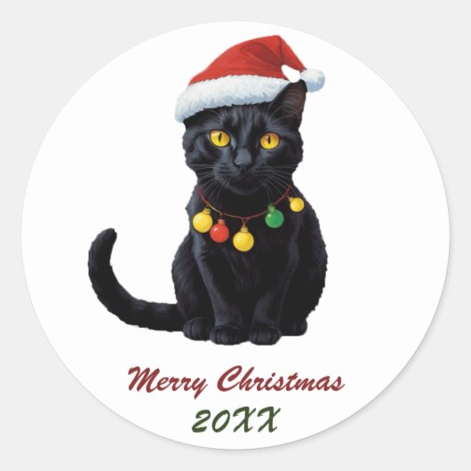 Schattigee zwarte kerstkat in Santa Hat Custom Ronde Sticker (Voorkant)