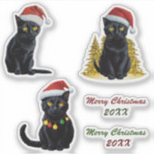 Schattigee zwarte kerstkat in Santa Hat Custom Sticker (Voorkant)