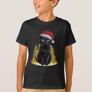 Schattigee zwarte kerstkat in Santa Hat Led-verlic T-shirt