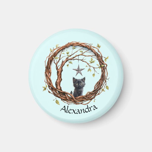 Schattigee zwarte kitten die naar een ster kijkt magneet (Voorkant)