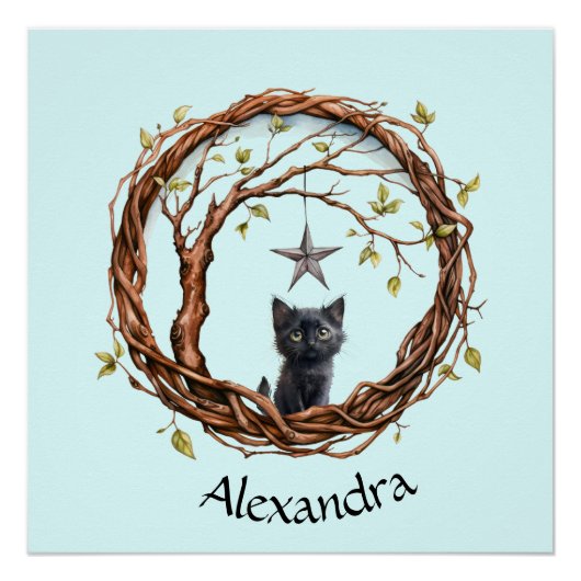 Schattigee zwarte kitten die naar een ster kijkt perfect poster (Voorkant)