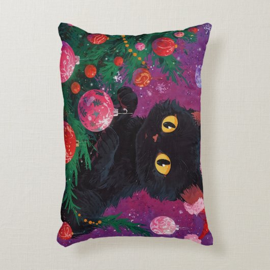 Schattigee zwarte kitten en kerstboom accent kussen (Voorkant(Verticaal))