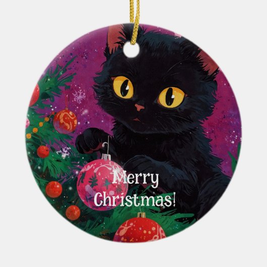 Schattigee zwarte kitten en kerstboom keramisch ornament (Voorkant)