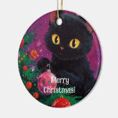 Schattigee zwarte kitten en kerstboom keramisch ornament (Links)