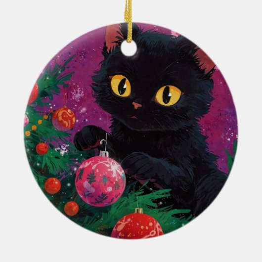 Schattigee zwarte kitten en kerstboom keramisch ornament (Achterkant)