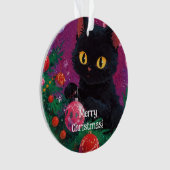 Schattigee zwarte kitten en kerstboom ornament (voorkant)