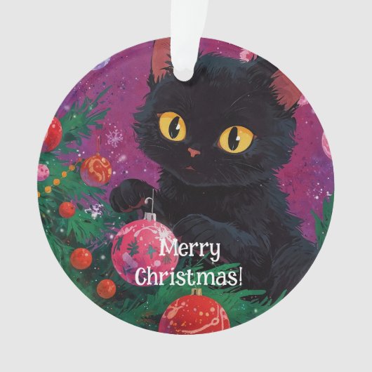 Schattigee zwarte kitten en kerstboom ornament (voorkant)