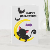 Schattigee zwarte kitten en maan Kinder Halloween Kaart (Voorkant)