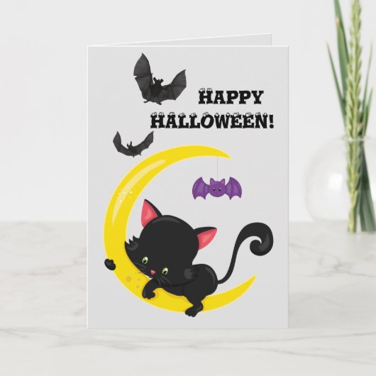 Schattigee zwarte kitten en maan Kinder Halloween Kaart (Voorkant)