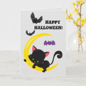 Schattigee zwarte kitten en maan Kinder Halloween Kaart (Gele Bloem)