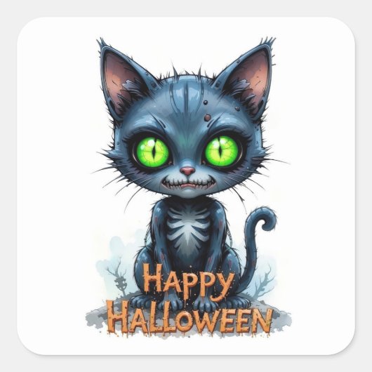 Schattigee zwarte kitten Halloween grillige katten Vierkante Sticker (Voorkant)