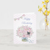 Schattigee zwarte kitten in roze boeket  verjaarda kaart (Gele Bloem)