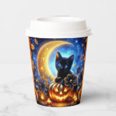 Schattigee zwarte kitten, jack-o-lantaarn en maan papieren bekers (Achterkant)