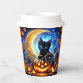 Schattigee zwarte kitten, jack-o-lantaarn en maan papieren bekers (Voorkant)