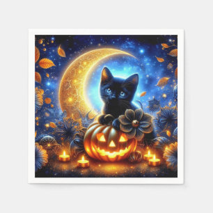 Schattigee zwarte kitten, jack-o-lantaarn en maan servet