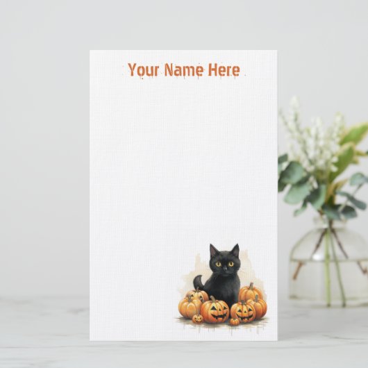 Schattigee zwarte kitten met Jack-O-Lanterns Hallo Briefpapier (Staand voorkant)