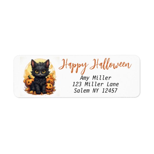 Schattigee zwarte kitten met Jack-O-Lanterns Hallo Etiket (Voorkant)