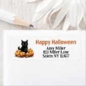 Schattigee zwarte kitten met Jack-O-Lanterns Hallo Etiket (Insitu)
