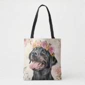 Schattigee Zwarte Labrador Retriever Hondenbloem Tote Bag (Voorkant)